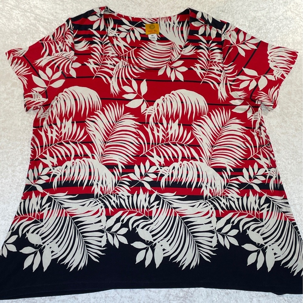 Ruby Rd Woman Top Womens 2X Red Navy Tropical Palm Stripe Short Sleeve Excellent